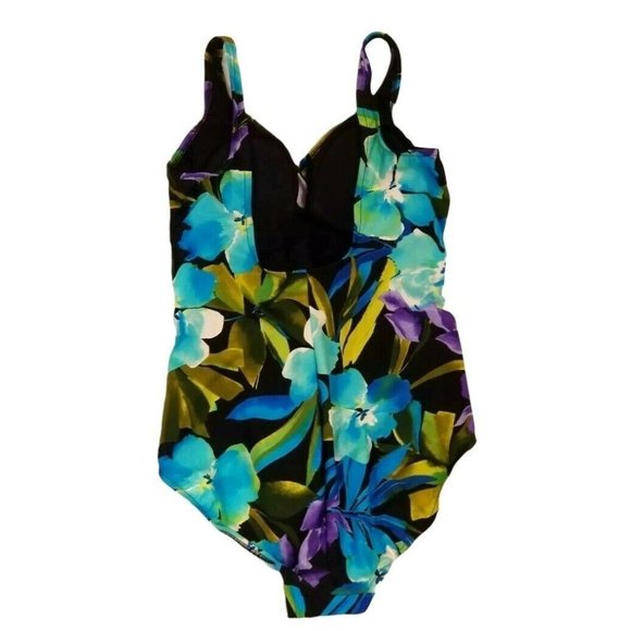 NWOT Slim Shaper Tropical Floral One Piece Swimsuit Slimming Ruching Missy 14 - Picture 4 of 10